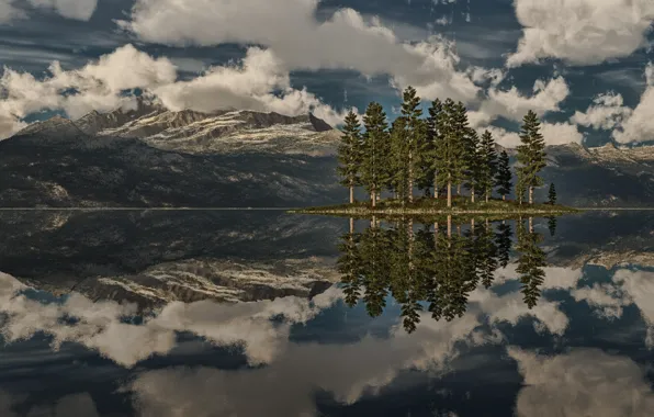 Picture clouds, trees, mountains, lake, reflection, rocks, island, spruce