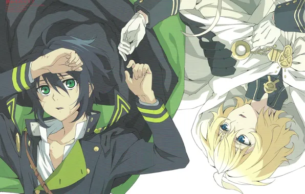 Each, hands, vampire, cloak, green eyes, military uniform, Owari no Seraph, Yuuichirou Hyakuya