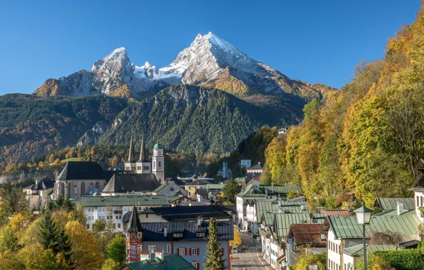Autumn, landscape, mountains, street, home, Germany, Bayern, Church