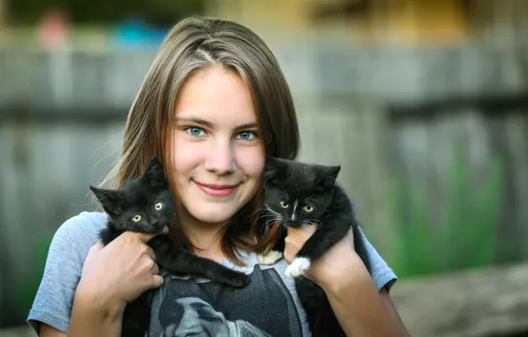 Picture girl, face, smile, kittens