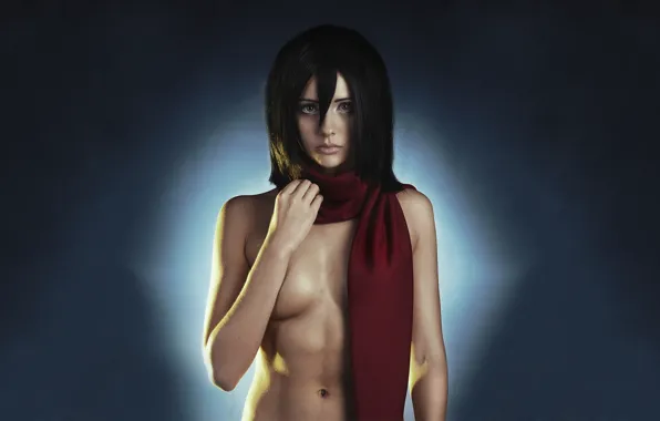 Chest, look, background, Girl, scarf, cosplay, shingeki no kyojin, Mikasa Ackerman