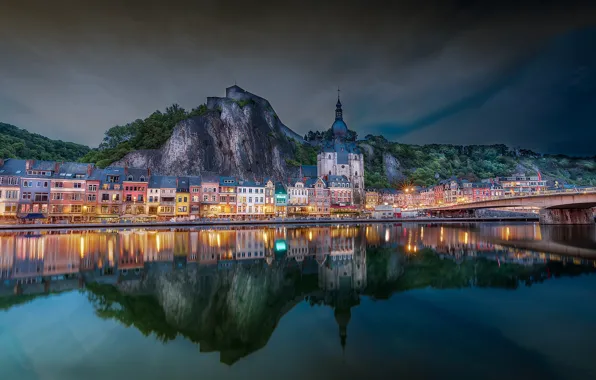 Picture bridge, reflection, river, building, mountain, home, Church, Belgium