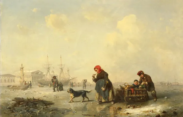Landscape, the city, picture, Neva in Saint-Petersburg in Winter, Ferdinand Theodor Hildebrandt