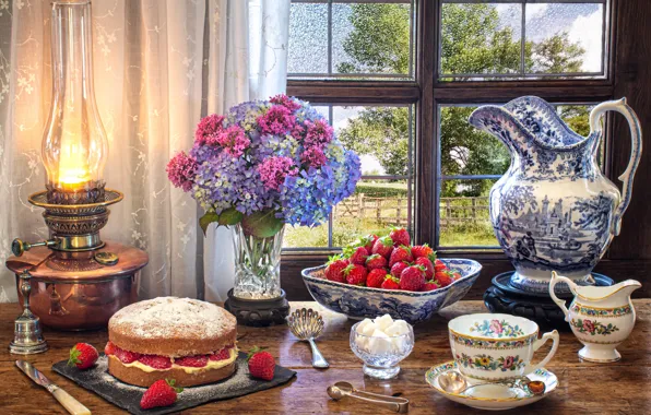 Flowers, style, berries, lamp, bouquet, window, strawberry, mug