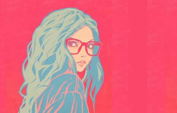 Face, glasses, pink background, shoulder, blue hair, portrait of a girl, curly hair, Ilya Kuvshinov