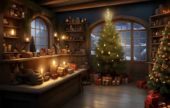 Comfort, room, Windows, candles, Christmas, gifts, New year, animal