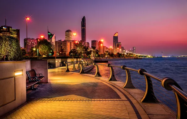 Water, the city, building, the evening, lighting, lights, promenade, UAE