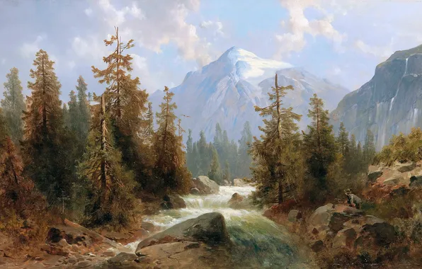 Clouds, Mountains, Trees, River, Picture, Austrian artist, Josef Thoma, Josef Toma