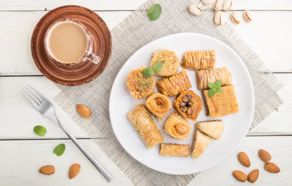 Coffee, plate, Cup, sweets, nuts, baklava