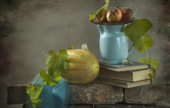 Books, still life, peaches, melon