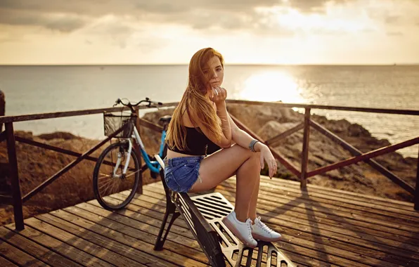 Picture sea, the sky, girl, the sun, landscape, bench, bike, pose
