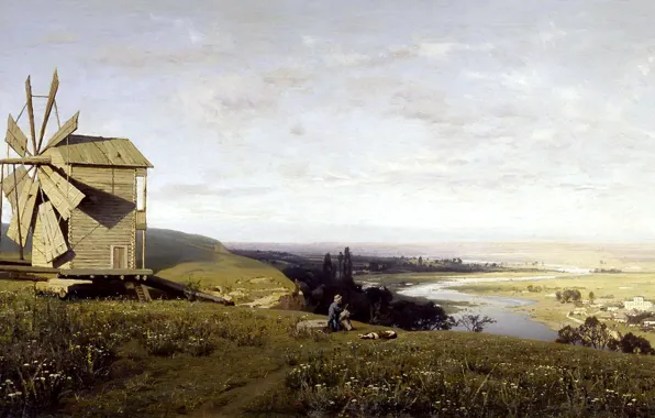 Nature, picture, panorama, shepherd, Vladimir Orlovsky, Ukrainian Landscape with a Windmill