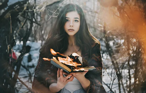 Forest, look, girl, mood, fire, the situation, book, Anton Kharisov