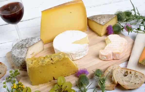 Flowers, wine, Board, cheese, bread