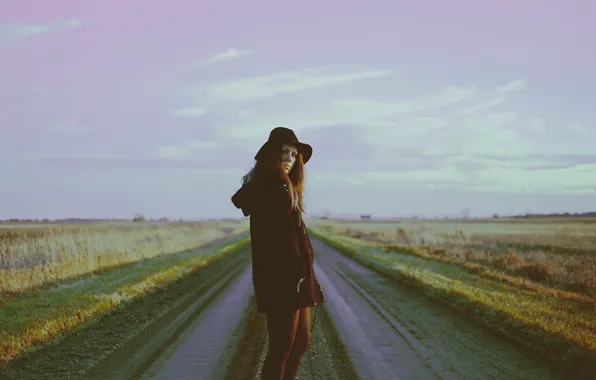 Picture girl, road, sky, field, hat, clouds, dusk, hair