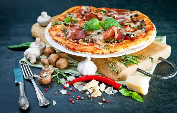Mushrooms, cheese, pepper, plug, pizza, pizza, spices, mushrooms