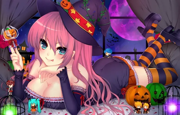 The moon, hat, girl, pumpkin, bat, heluin