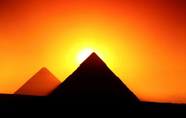 The sun, sunset, silhouette, Giza, glow, Egypt, pyramid