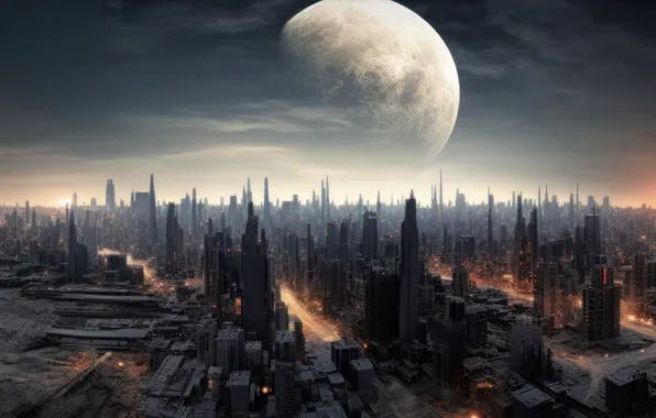 The sky, clouds, night, the city, lights, fog, fiction, view