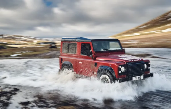 Picture the sky, clouds, red, river, hills, stream, SUV, Land Rover