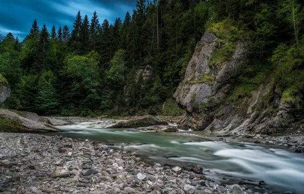 Forest, mountains, pebbles, river, stones, rocks, shore, ate