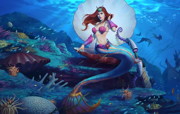 The ocean, mermaid, the bottom, Mermaid, Shell, Underwater, Medusa, Woman