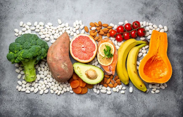 Background, food, fish, bananas, pumpkin, fruit, nuts, placer