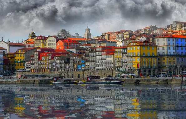 Reflection, river, building, home, boats, blur, Portugal, promenade