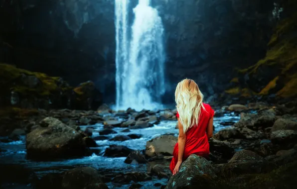 Picture girl, stones, hair, waterfall, blonde, Ronny Garcia