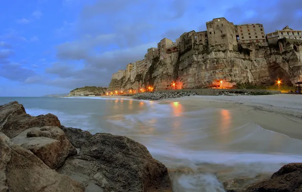 Picture lights, sky, sea, landscape, Italy, clouds, village, cliff