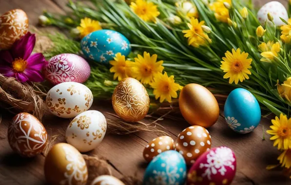 Flowers, eggs, spring, colorful, Easter, happy, flowers, spring