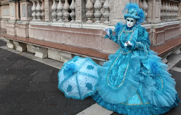 Blue, umbrella, mask, costume, Venice, carnival