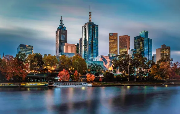 The city, river, building, home, the evening, lighting, Australia, Melbourne
