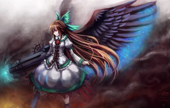 Girl, weapons, magic, wings, anime, art, bow, reiu equipment, utsuho