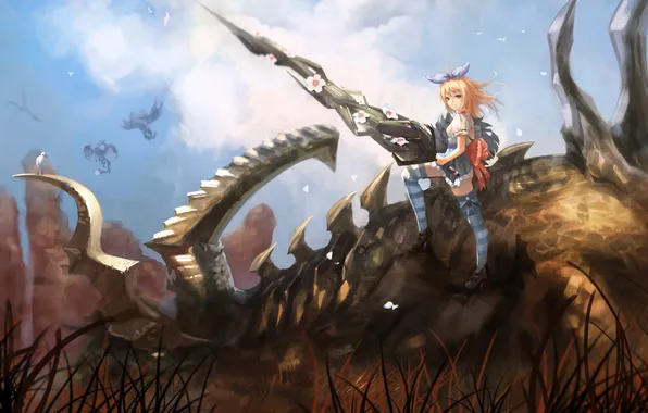 Picture the sky, girl, clouds, flowers, weapons, dragons, sword, anime