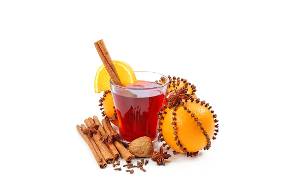 Picture oranges, walnut, Cup, drink, cinnamon, carnation, star anise, mulled wine