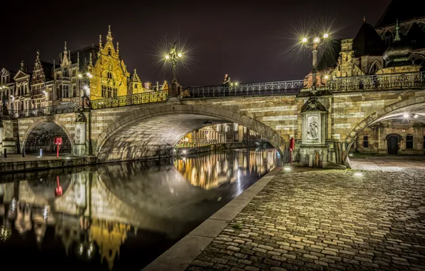 Night, bridge, lights, river, home, lights, channel, Belgium