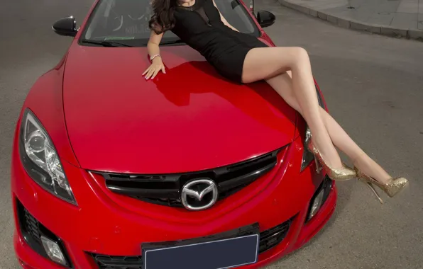 Picture look, Girls, Mazda, Asian, beautiful girl, red car, posing on the hood