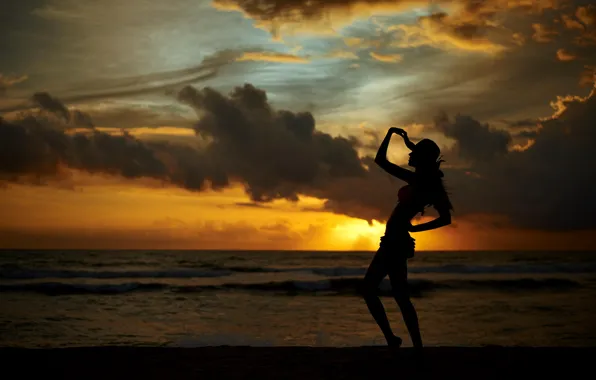 Picture girl, sunset, romance, coast, silhouette, hat, photographer, Eugene Nadein