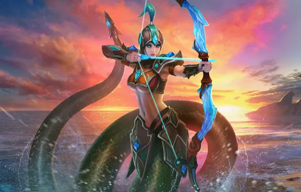 Sea, sunset, the game, being, bow, Archer, Juggernaut Wars, Naga Kertana