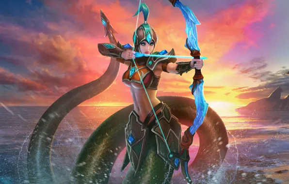 Picture sea, sunset, the game, being, bow, Archer, Juggernaut Wars, Naga Kertana