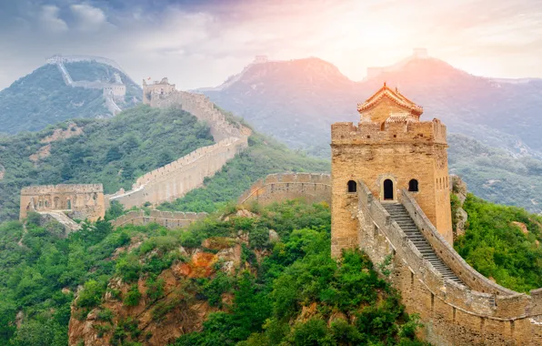 Forest, the sky, the sun, trees, mountains, dawn, wall, China