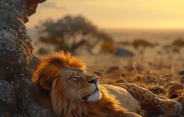 Tree, Sleeping, Dawn, Leo, Digital art, Big Cats, AI art, The Art of Artificial Intelligence