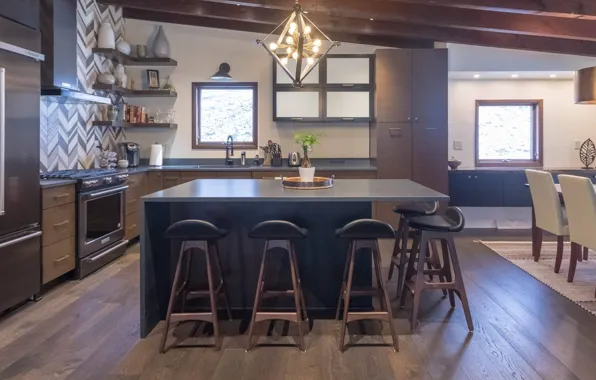 Wallpaper design, interior, kitchen, dining room, mid-century modern