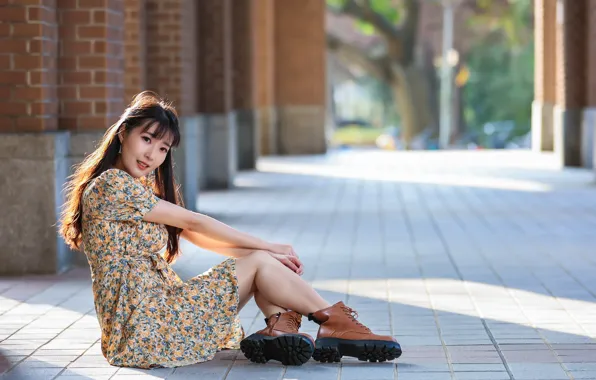 The sun, pose, model, portrait, makeup, shoes, figure, dress