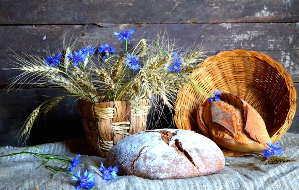 Wheat, spikelets, bread, still life, cornflowers