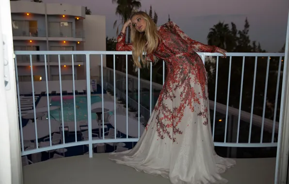 Picture railings, balcony, photoshoot, Olivia Holt, Olivia Holt, the hotel, dress, the evening