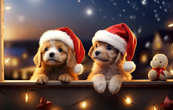 Dogs, look, lights, dog, Christmas, gifts, New year, a couple