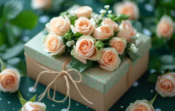 Flowers, holiday, gift, roses, bouquet, bow, March 8, Valentine's Day