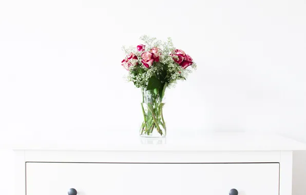 Table, roses, bouquet, vase